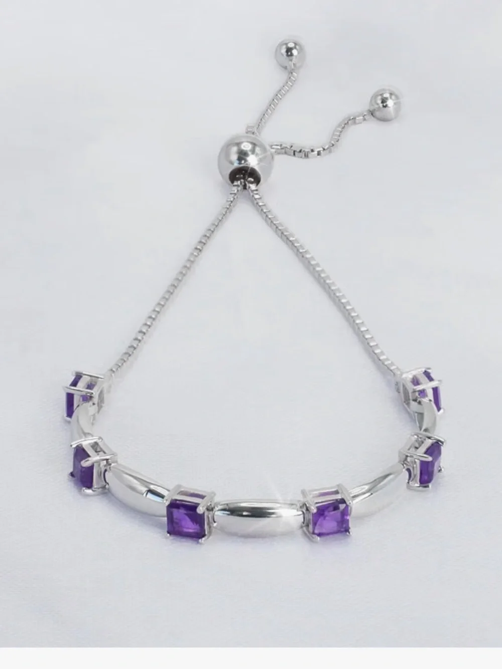 Sterling Silver Amethyst Square Gemstone Adjustable Bracelet